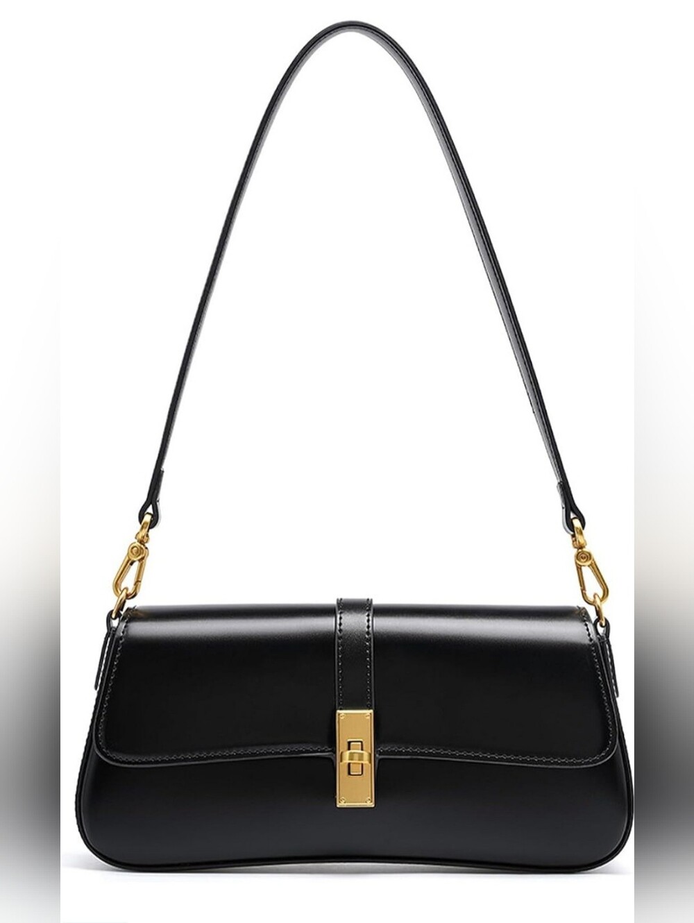 Genuine Leather Black Shoulder or Crossbody Bag with Gold Hardware, 2 Straps